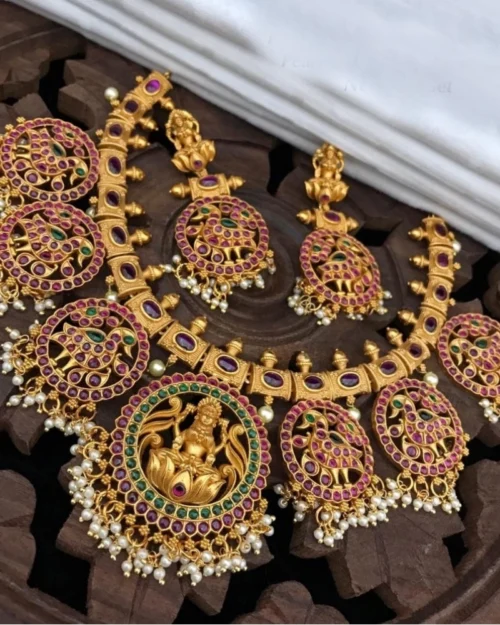 52847780731_61f2d9a067_o_d-1000x1000-1.webp Generic Women's Goddess Glamour Gold Plated Temple Necklace and Jhumka Set (Multi Color, Free Size)