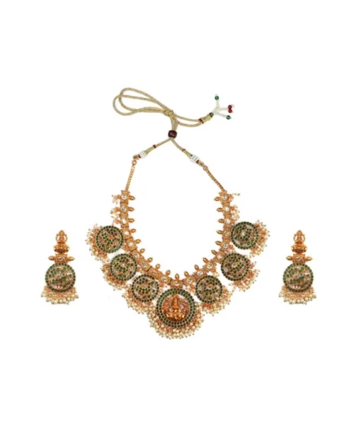 52848176155_d6af6ce0b0_o_d-1000x1000-1.webp Generic Women's Goddess Glamour Gold Plated Temple Necklace and Jhumka Set (Green, Free Size)