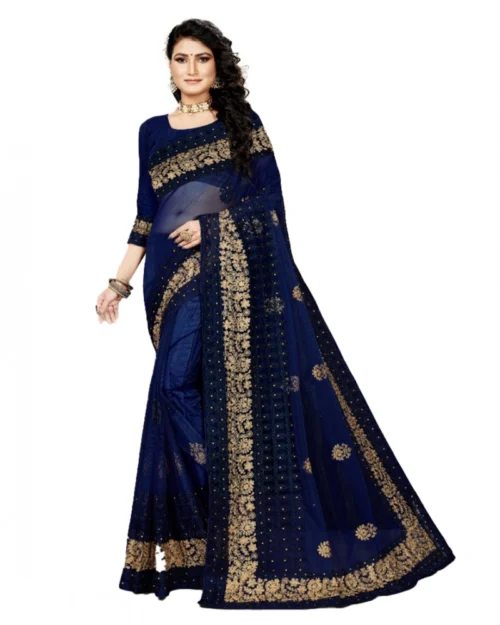 Generic Women's Net Saree With Blouse (Navy Blue, 5-6Mtrs)