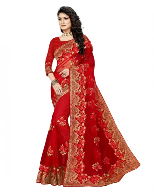 Generic Women's Net Saree With Blouse (Red, 5-6Mtrs)