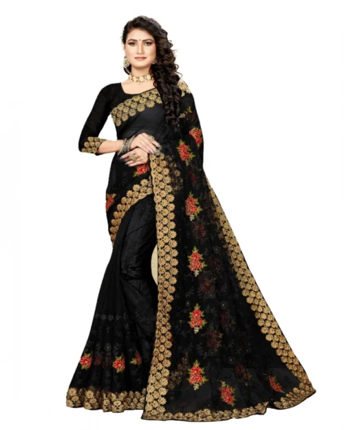Generic Women's Net Saree With Blouse (Black, 5-6Mtrs)