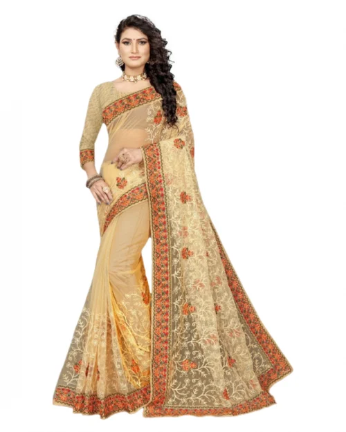 Generic Women's Net Saree With Blouse (Chiku, 5-6Mtrs)