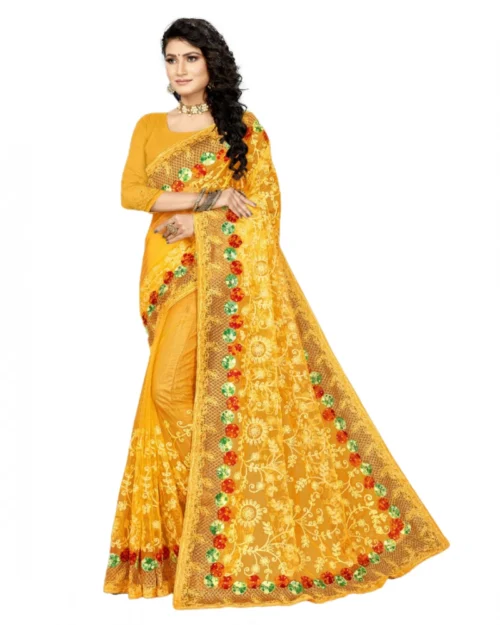 Generic Women's Net Saree With Blouse (Yellow, 5-6Mtrs)