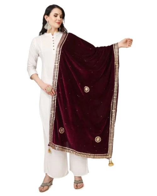 Generic Women's Velvet Gotta Patti Dupatta (Purple, Length: 2.25 to 2.50 Mtr)