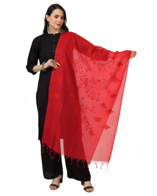 Generic Women's Cotton Embroidered Dupatta (Red, Length: 2.25 to 2.50 Mtr)