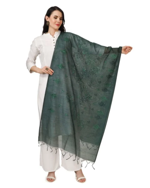 Generic Women's Cotton Embroidered Dupatta (Green, Length: 2.25 to 2.50 Mtr)