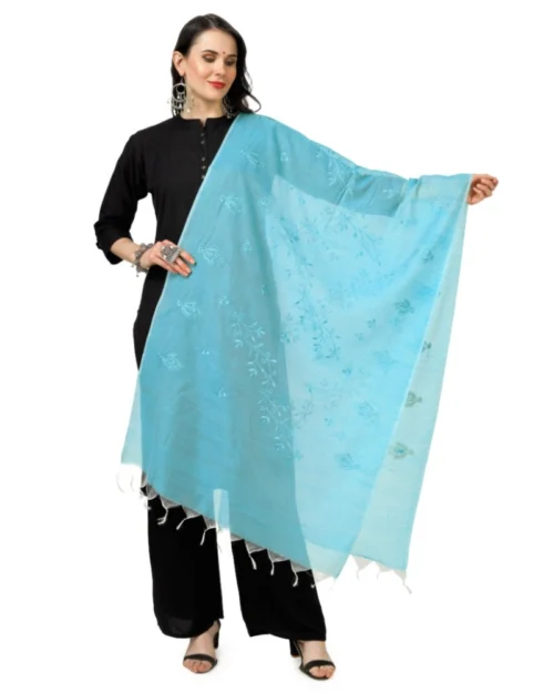Generic Women's Cotton Embroidered Dupatta (Aqua Blue, Length: 2.25 to 2.50 Mtr)