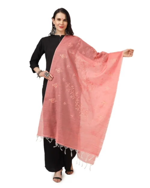 Generic Women's Cotton Embroidered Dupatta (Peach, Length: 2.25 to 2.50 Mtr)