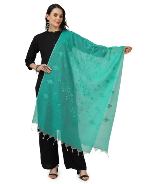 Generic Women's Cotton Embroidered Dupatta (Turquoise, Length: 2.25 to 2.50 Mtr)
