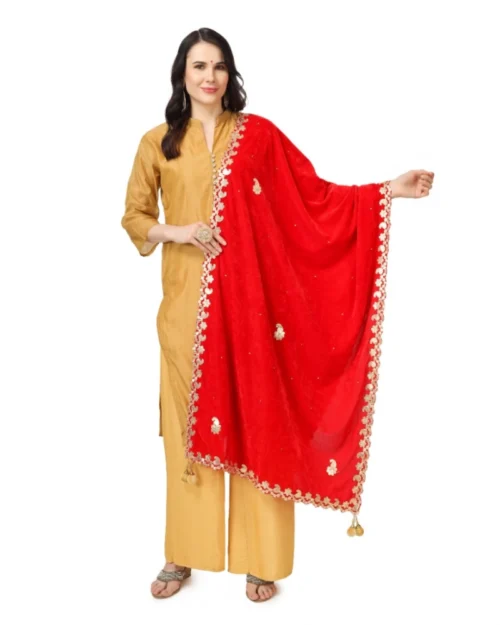 Generic Women's Velvet Gotta Patti Dupatta (Red, Length: 2.25 to 2.50 Mtr)