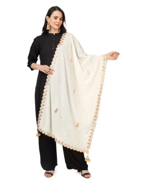 Generic Women's Velvet Gotta Patti Dupatta (Off White, Length: 2.25 to 2.50 Mtr)