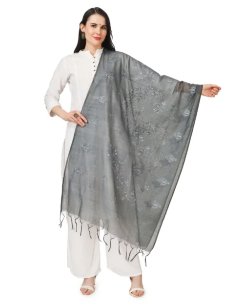 Generic Women's Cotton Embroidered Dupatta (Grey, Length: 2.25 to 2.50 Mtr)