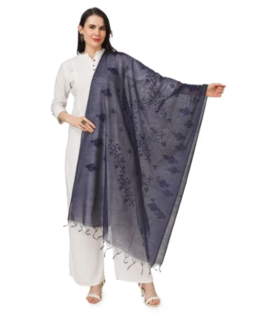 Generic Women's Cotton Embroidered Dupatta (Dark Blue, Length: 2.25 to 2.50 Mtr)