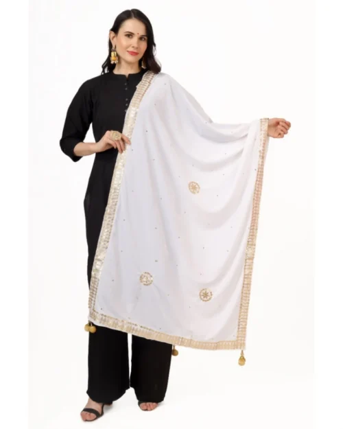Generic Women's Velvet Gotta Patti Dupatta (White, Length: 2.25 to 2.50 Mtr)