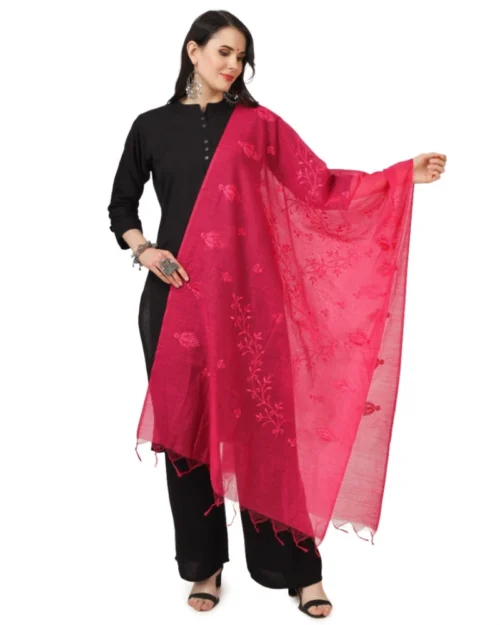 Generic Women's Cotton Embroidered Dupatta (Maroon, Length: 2.25 to 2.50 Mtr)