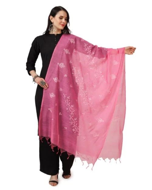 Generic Women's Cotton Embroidered Dupatta (Pink, Length: 2.25 to 2.50 Mtr)