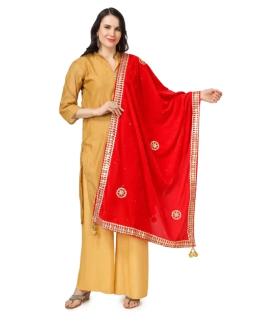Generic Women's Velvet Gotta Patti Dupatta (Red, Length: 2.25 to 2.50 Mtr)