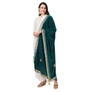 Generic Women's Velvet Gotta Patti Dupatta (Dark Green, Length: 2.25 to 2.50 Mtr)
