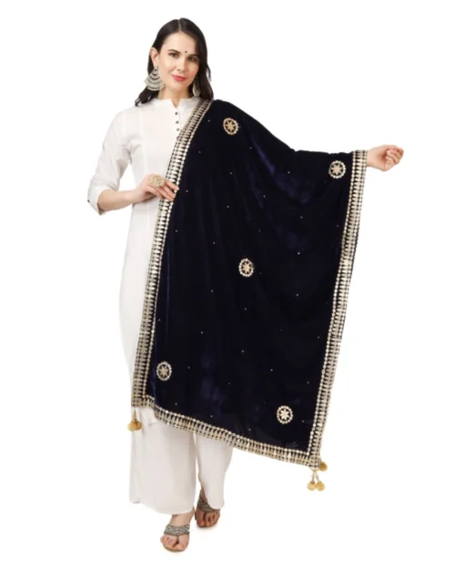 Generic Women's Velvet Gotta Patti Dupatta (Blue, Length: 2.25 to 2.50 Mtr)