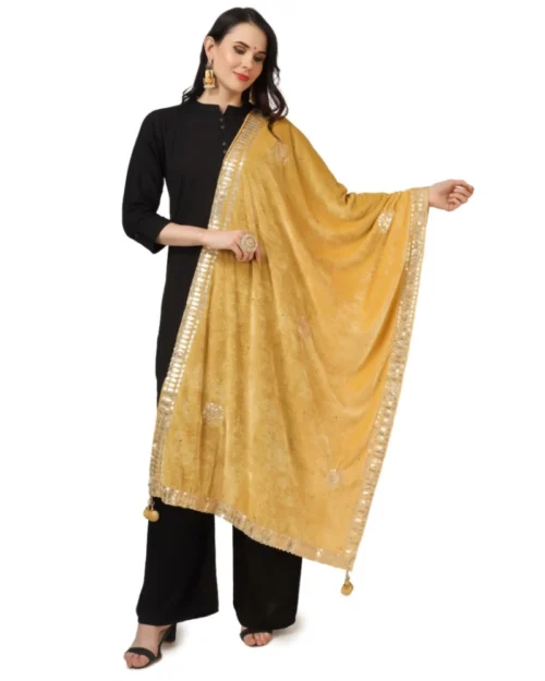 Generic Women's Velvet Gotta Patti Dupatta (Yellow, Length: 2.25 to 2.50 Mtr)