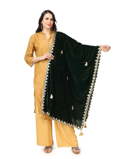 Generic Women's Velvet Gotta Patti Dupatta (Green, Length: 2.25 to 2.50 Mtr)