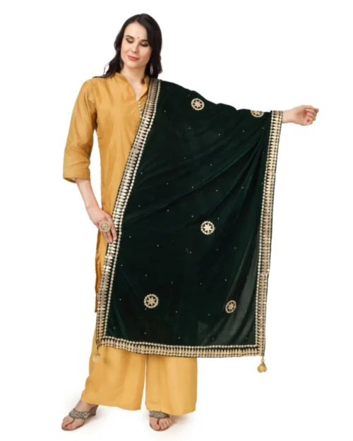 Generic Women's Velvet Gotta Patti Dupatta (Green, Length: 2.25 to 2.50 Mtr)