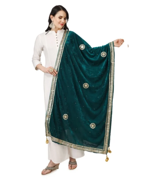 Generic Women's Velvet Gotta Patti Dupatta (Dark Green, Length: 2.25 to 2.50 Mtr)