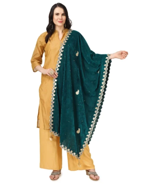Generic Women's Velvet Gotta Patti Dupatta (Dark Green, Length: 2.25 to 2.50 Mtr)