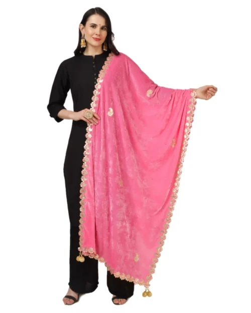 Generic Women's Velvet Gotta Patti Dupatta (Pink, Length: 2.25 to 2.50 Mtr)