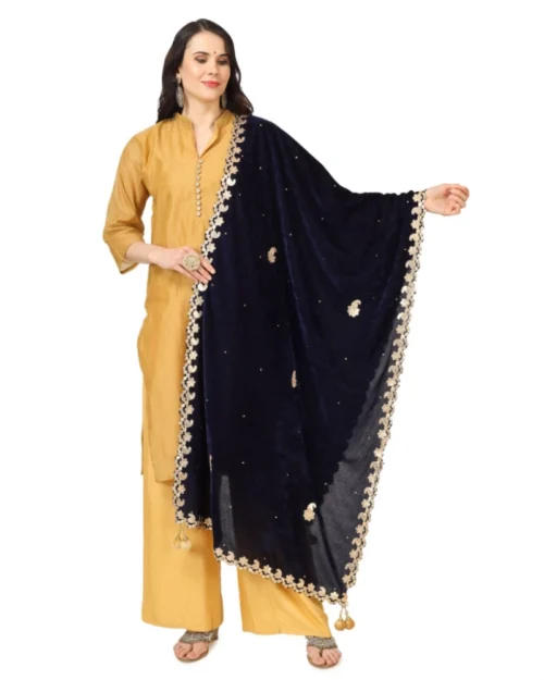 Generic Women's Velvet Gotta Patti Dupatta (Blue, Length: 2.25 to 2.50 Mtr)