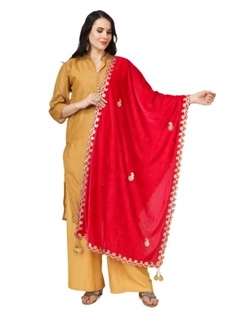Generic Women's Velvet Gotta Patti Dupatta (Pink, Length: 2.25 to 2.50 Mtr)
