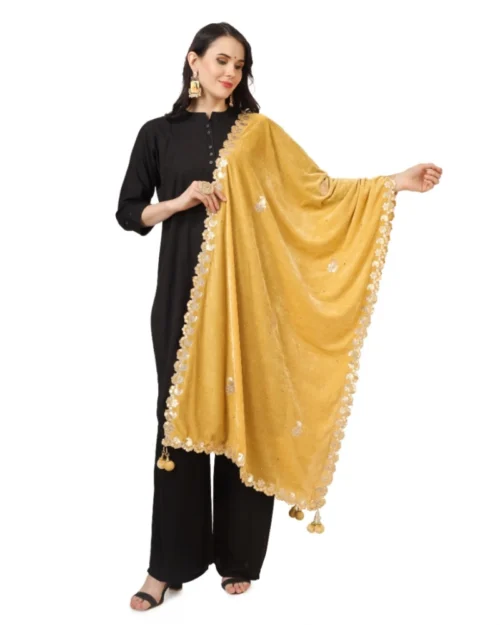 Generic Women's Velvet Gotta Patti Dupatta (Yellow, Length: 2.25 to 2.50 Mtr)