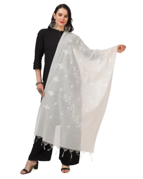 Generic Women's Cotton Embroidered Dupatta (White, Length: 2.25 to 2.50 Mtr)