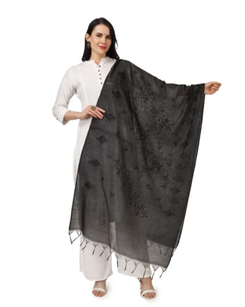 Generic Women's Cotton Embroidered Dupatta (Black, Length: 2.25 to 2.50 Mtr)