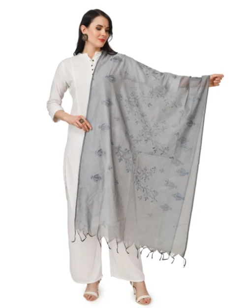 Generic Women's Cotton Embroidered Dupatta (Grey, Length: 2.25 to 2.50 Mtr)