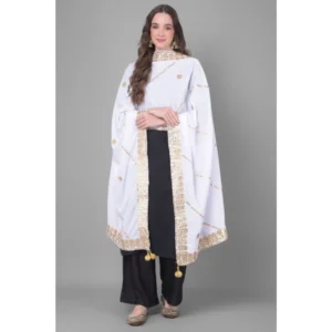 Generic Women's Velvet Gotta Patti Dupatta (Off White, Length: 2.25 to 2.50 Mtr)