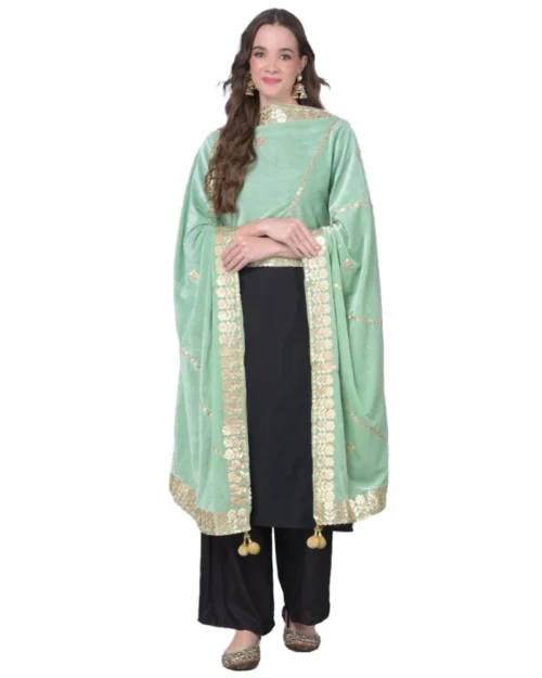 Generic Women's Velvet Gotta Patti Dupatta (Sea Green, Length: 2.25 to 2.50 Mtr)