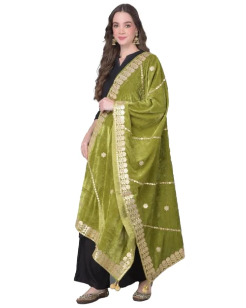 Generic Women's Velvet Gotta Patti Dupatta (Olive, Length: 2.25 to 2.50 Mtr)