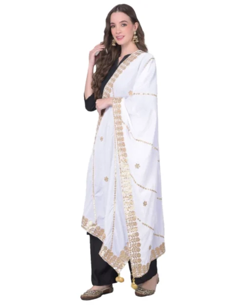Generic Women's Velvet Gotta Patti Dupatta (Off White, Length: 2.25 to 2.50 Mtr)