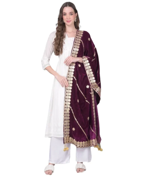 Generic Women's Velvet Gotta Patti Dupatta (Wine, Length: 2.25 to 2.50 Mtr)