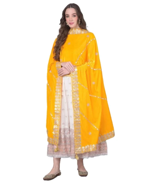Generic Women's Velvet Gotta Patti Dupatta (Yellow, Length: 2.25 to 2.50 Mtr)