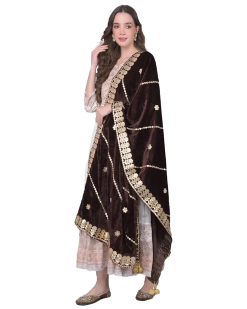 Generic Women's Velvet Gotta Patti Dupatta (Brown, Length: 2.25 to 2.50 Mtr)