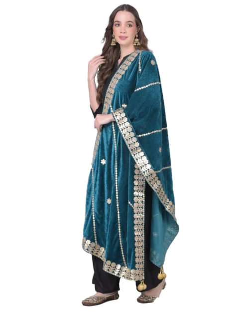 Generic Women's Velvet Gotta Patti Dupatta (Teal, Length: 2.25 to 2.50 Mtr)