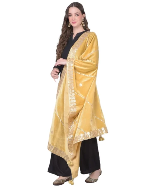 Generic Women's Velvet Gotta Patti Dupatta (Gold, Length: 2.25 to 2.50 Mtr)