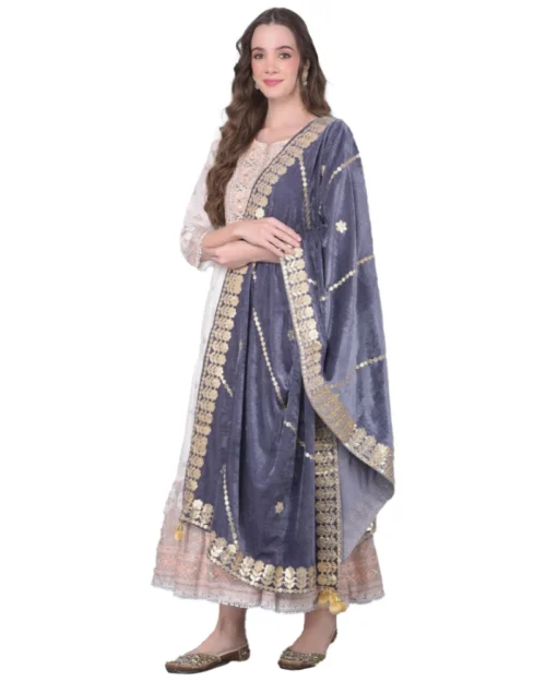 Generic Women's Velvet Gotta Patti Dupatta (Grey, Length: 2.25 to 2.50 Mtr)
