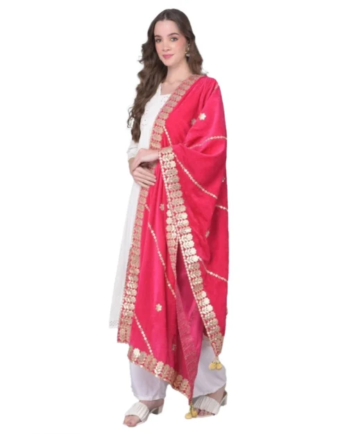 Generic Women's Velvet Gotta Patti Dupatta (Pink, Length: 2.25 to 2.50 Mtr)