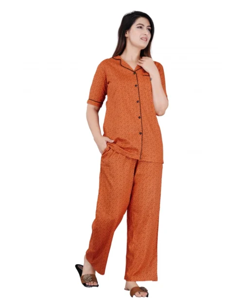 Generic Women's Casual Half Sleeve Printed Viscose Rayon Shirt With Pyjama Pant Night Suit Set (Brown)