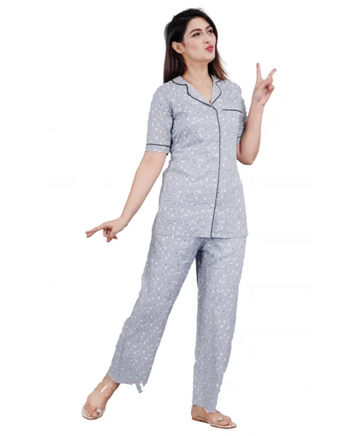 Generic Women's Casual Half Sleeve Printed Viscose Rayon Shirt With Pyjama Pant Night Suit Set (Grey)