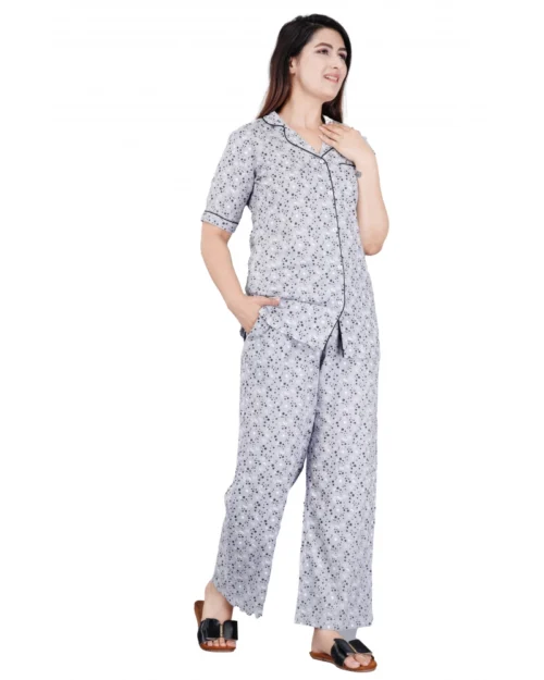 Generic Women's Casual Half Sleeve Printed Viscose Rayon Shirt With Pyjama Pant Night Suit Set (Grey)