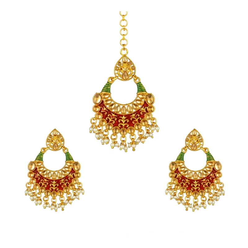 53533239547_b0fbc3c7d6_o_d-1000x1000-1.webp Generic Women's Rose Gold Plated Alloy Kundan Earrings & Mangtikka (Red & Green)